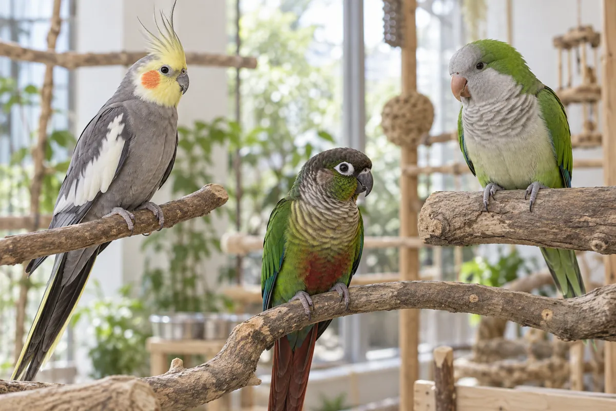 止まり木で過ごすオカメインコとウロコインコやシロハラインコの比較イメージ