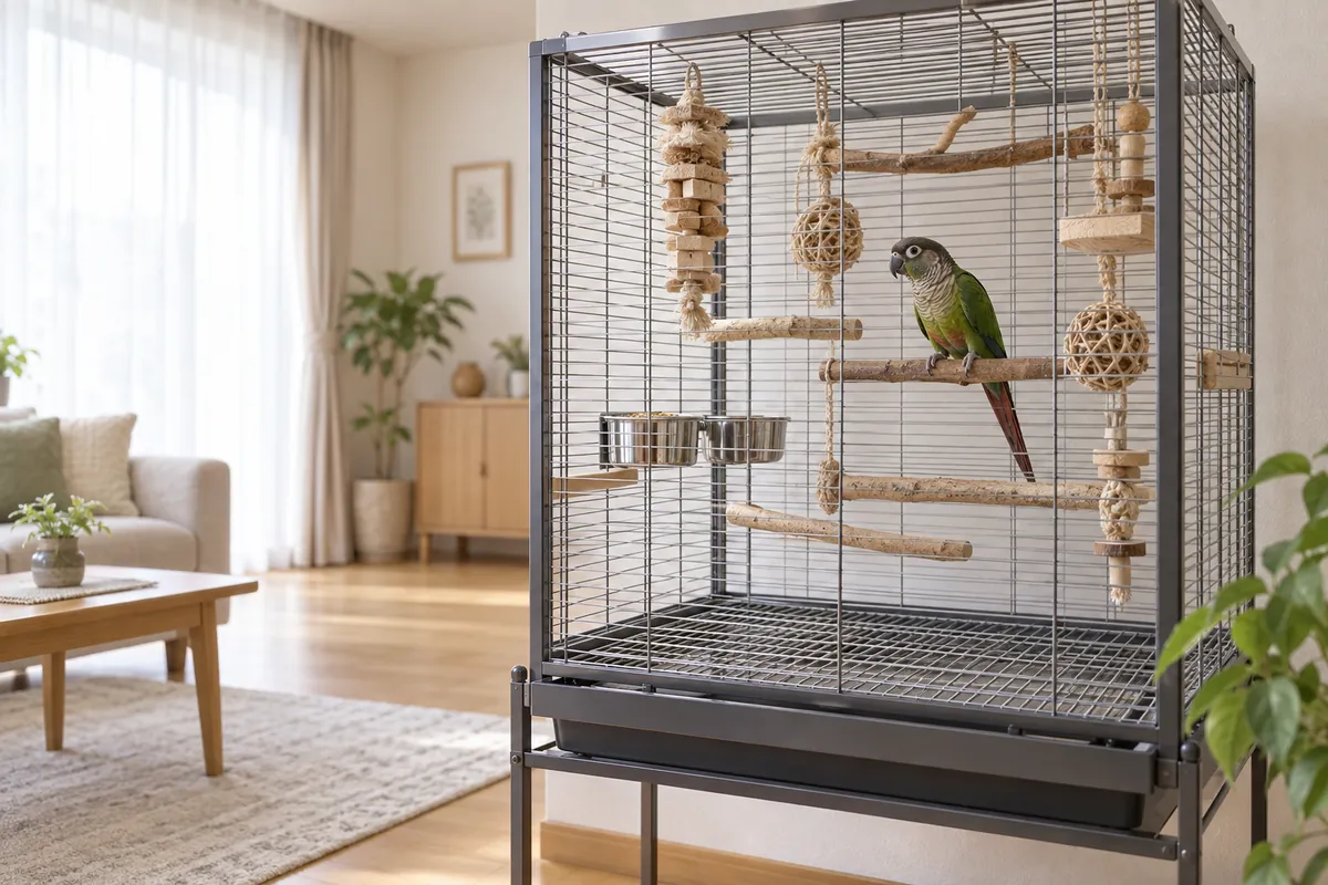 中型インコが丈夫なケージと止まり木やおもちゃのある室内で過ごす様子