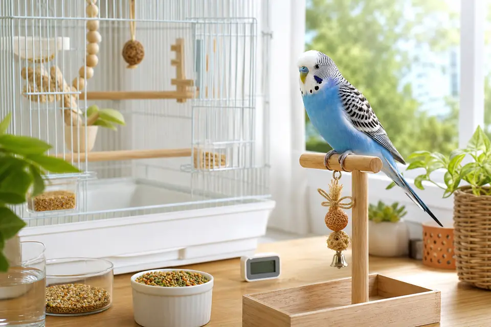 セキセイインコの飼い方で必要なケージと餌を整えた明るい室内