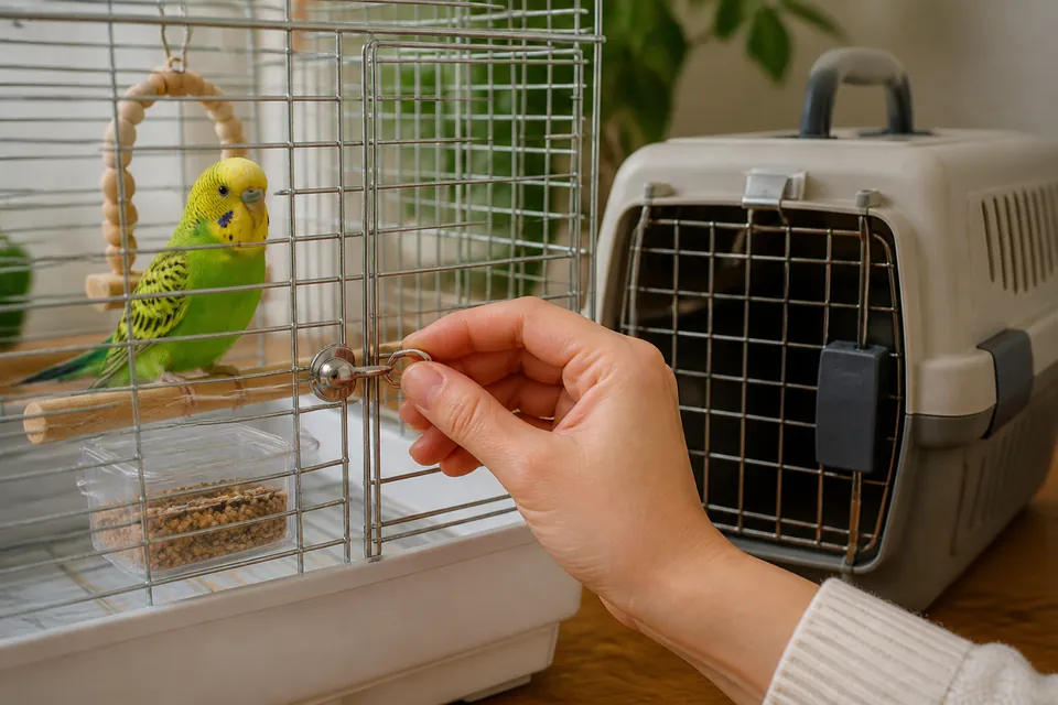 インコのケージの扉とキャリーのロックを確認する様子