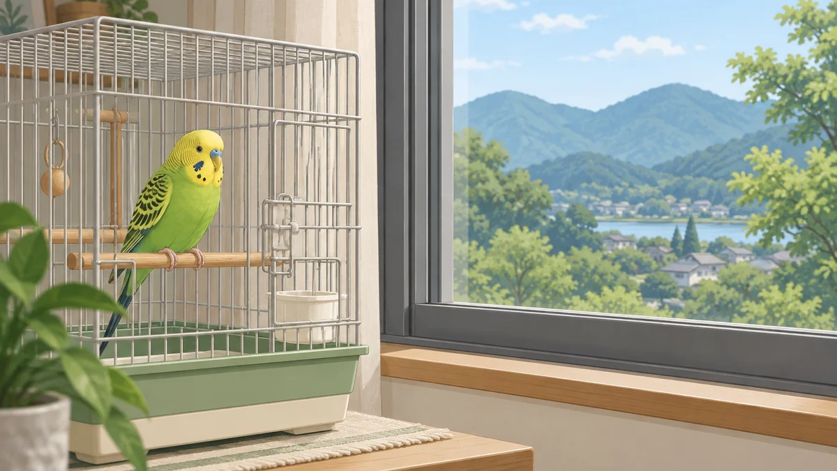 安全なケージの中で暮らすセキセイインコと閉じた窓