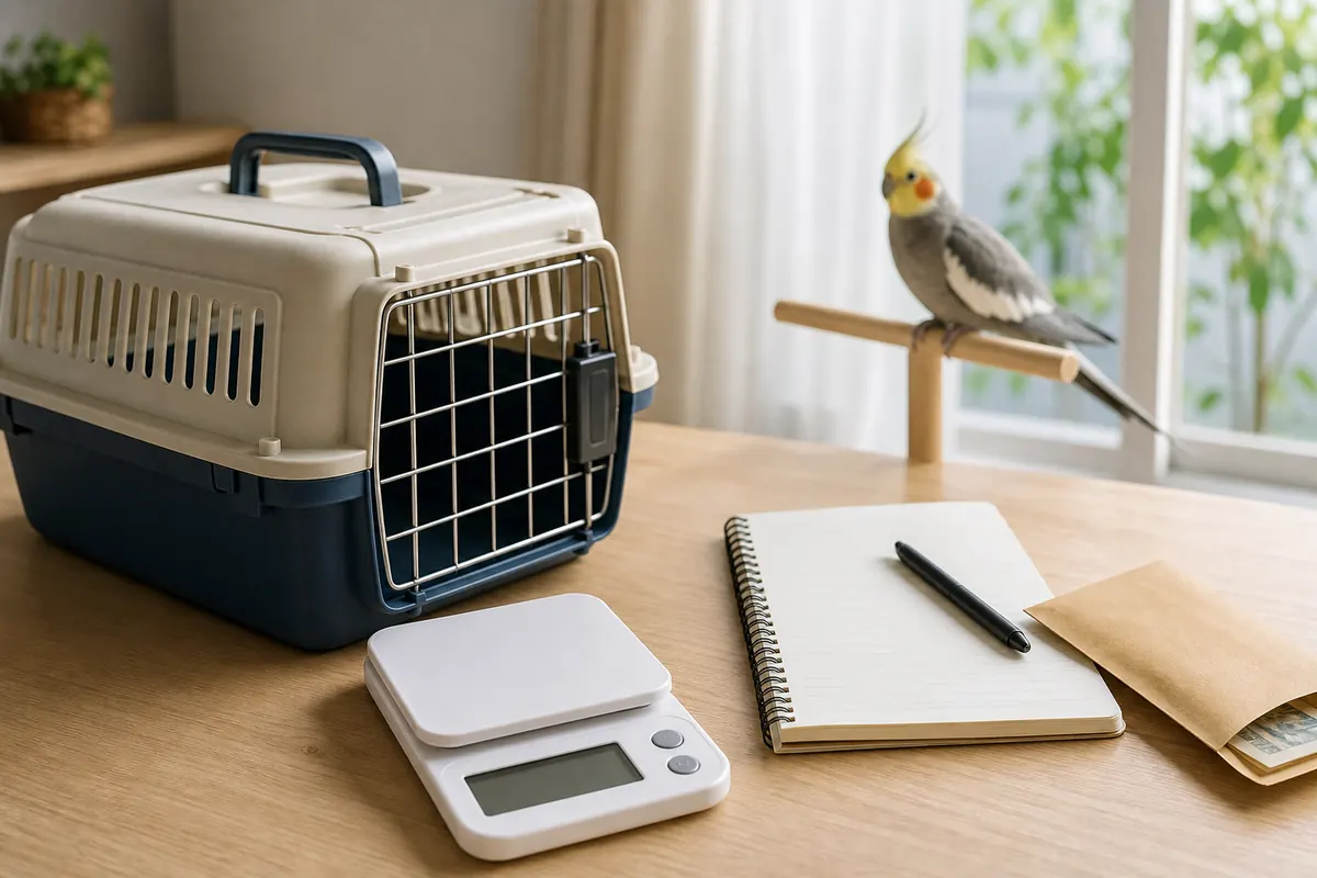 鳥のキャリーや体重計と医療費の準備を並べたテーブル