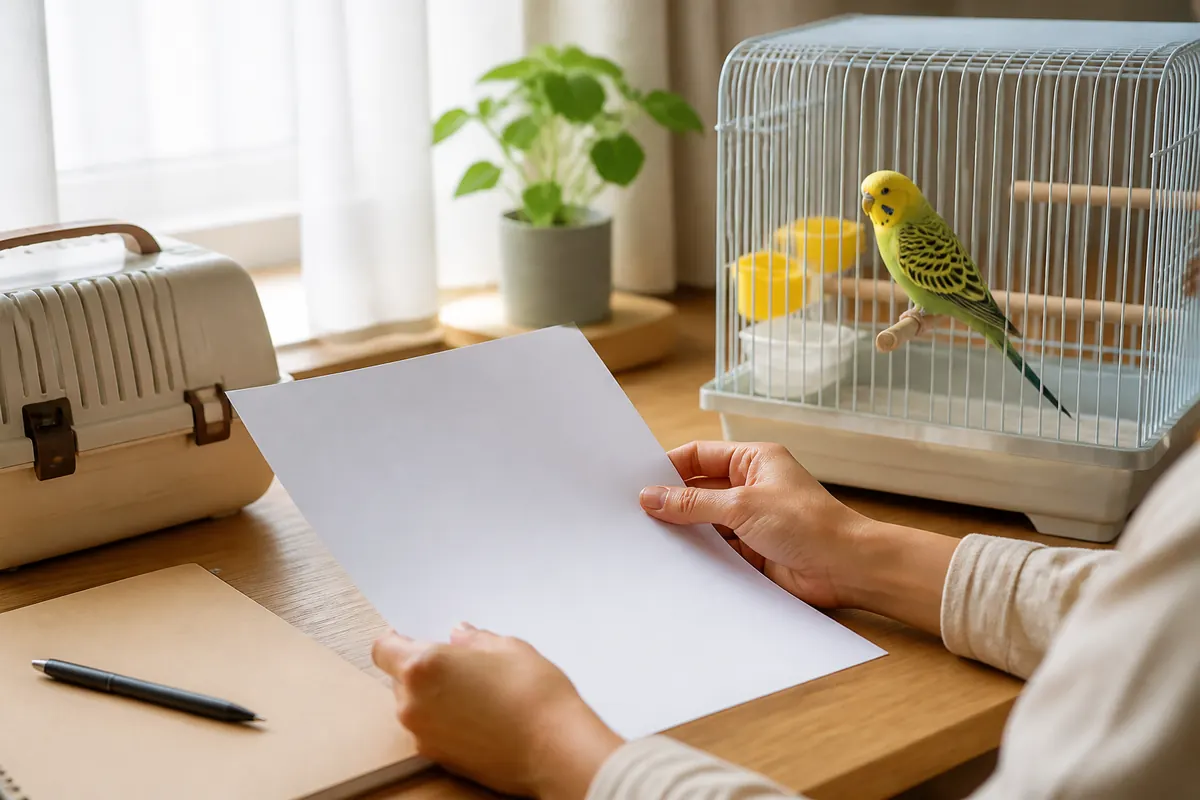 インコのケージとキャリーのそばで契約書の条件を確認する様子