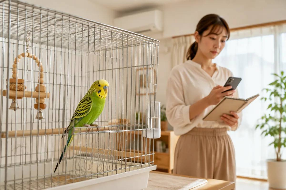 インコの様子を見ながら動物病院へ相談する準備をしている飼い主