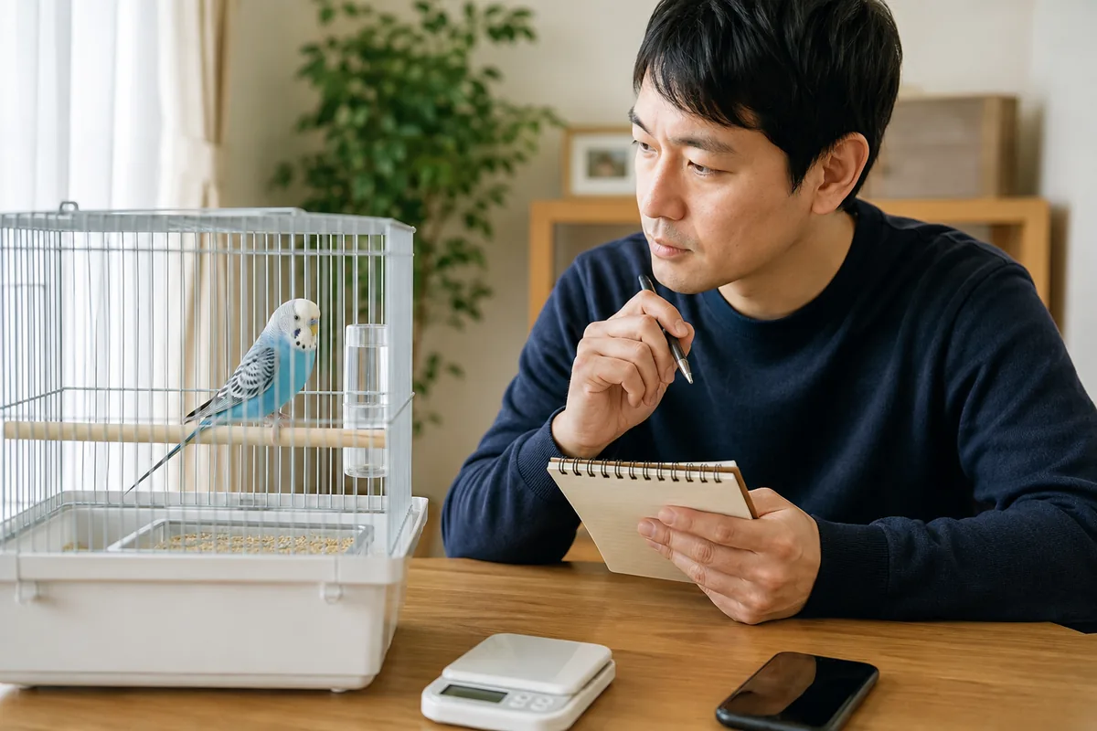 インコの姿勢と食事を観察し体重と記録を確認する飼い主