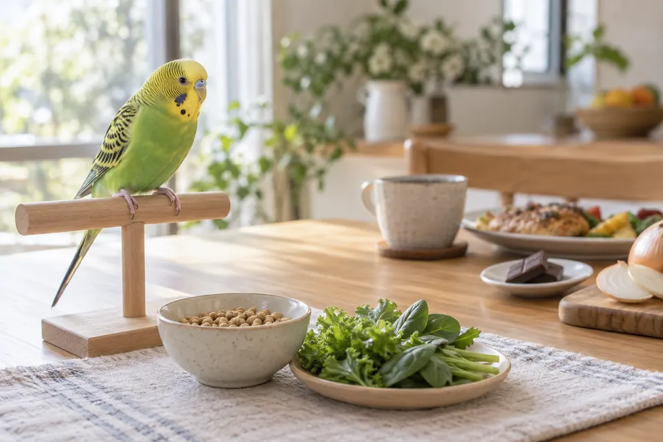 インコ用の餌と野菜を人間の食卓から離して用意した明るいキッチン