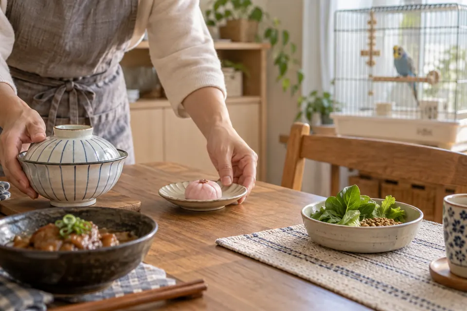人の料理を覆いインコ用の野菜と餌を分けて置く家庭の食卓