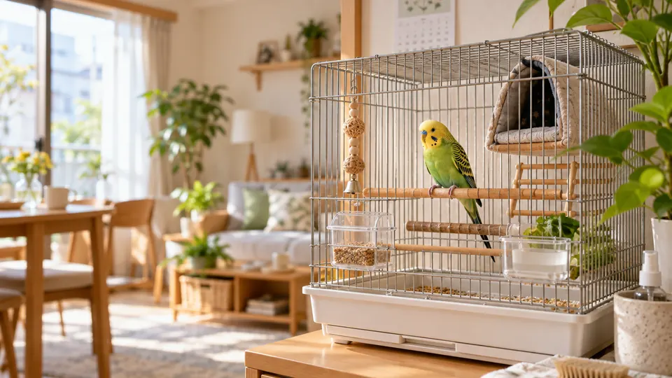 明るい部屋で安全に整えたケージとセキセイインコ