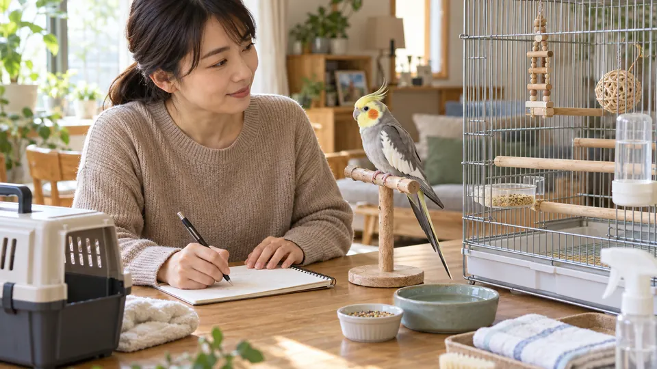 インコの世話と通院準備をノートに記録する飼い主
