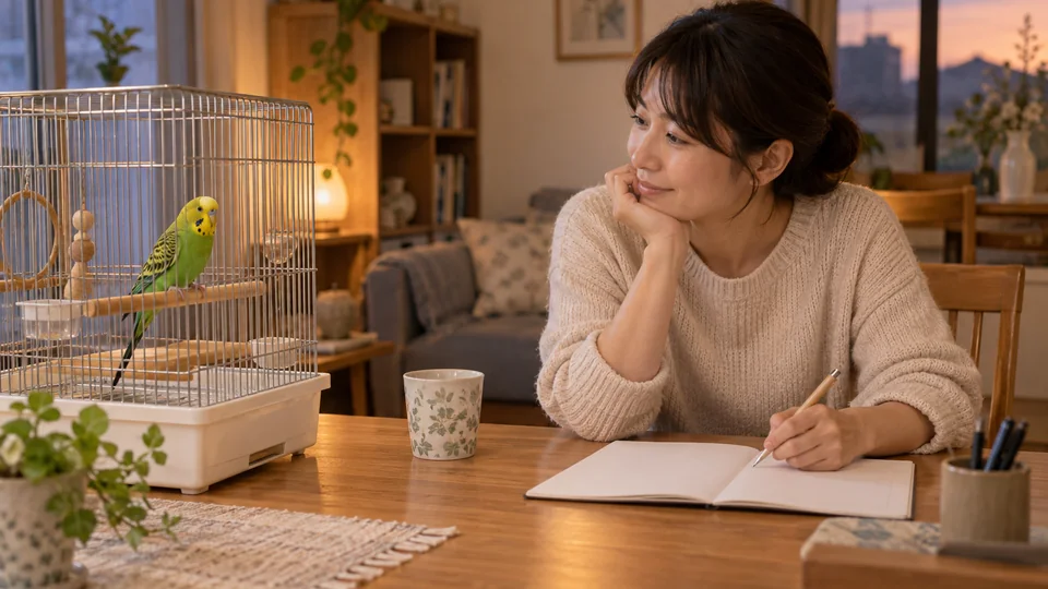 夕方にインコの様子を見ながら世話の記録をつける飼い主
