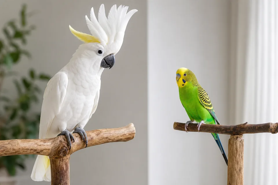 冠羽のあるオウムと冠羽のないインコを見比べる明るい室内
