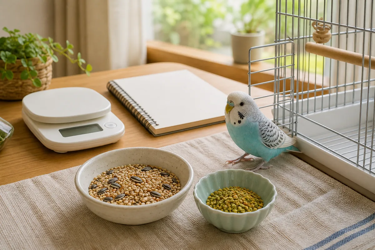 シードとペレットを別皿に用意し体重と食事を記録するインコの餌切り替え準備