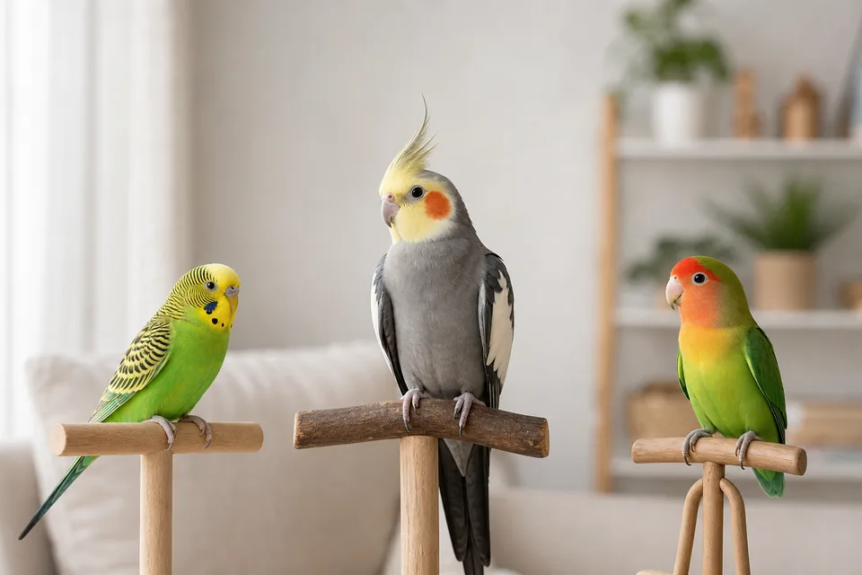 セキセイインコ、オカメインコ、コザクラインコを種類比較する明るい室内