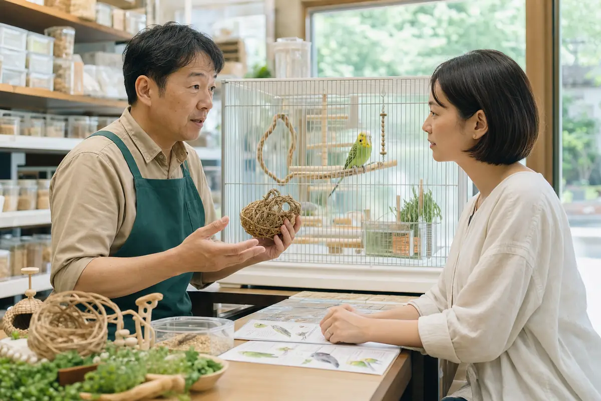 東京の小鳥店でインコと飼育環境を見学する購入希望者