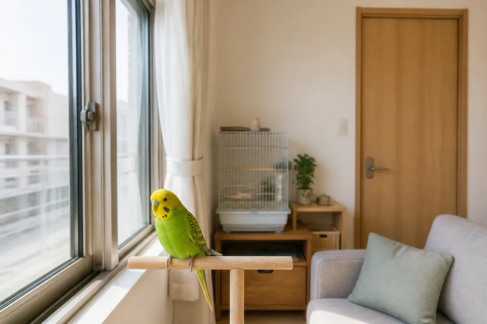 インコのトラブルに備えてキャリーと記録用ノートを整えた室内の様子