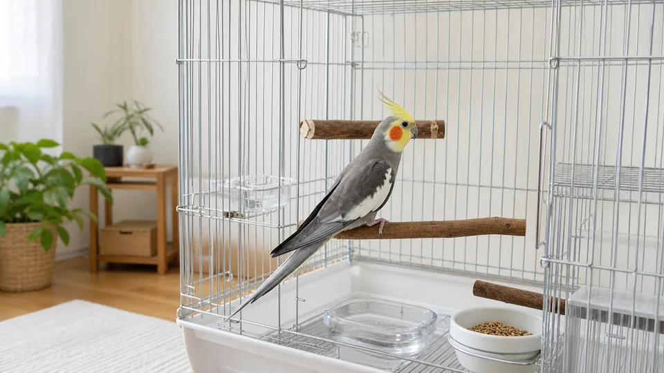 尾羽の余白があるケージで過ごすオカメインコ