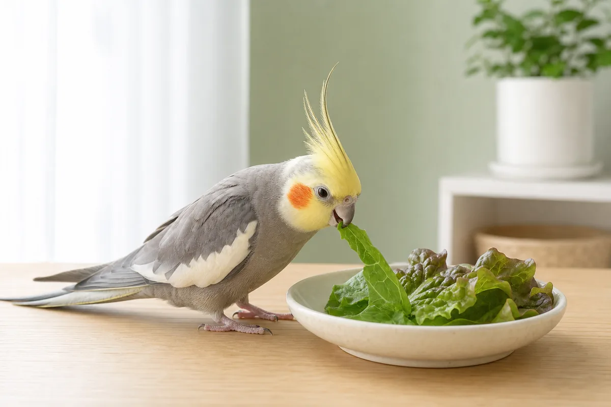 サンチュを少量ついばむオカメインコ