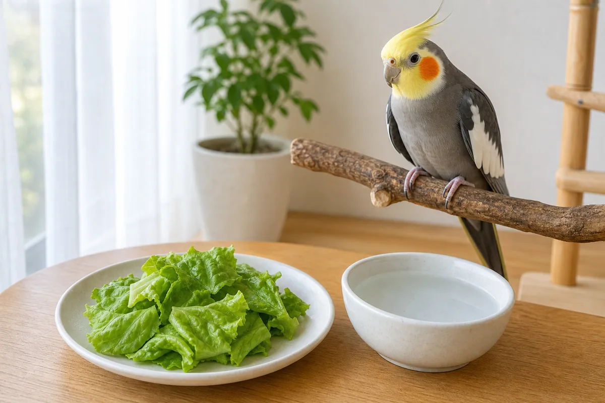 洗ったサンチュを小皿に少量用意しオカメインコが見守る様子