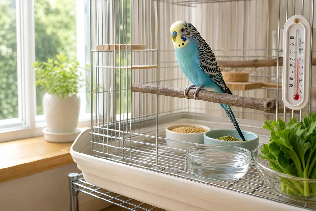 セキセイインコの飼い方で整えたいケージと餌と温度計のある明るい室内