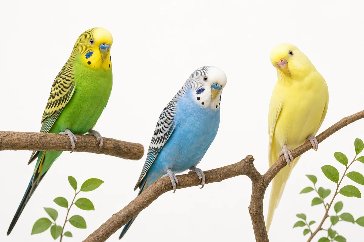 緑・青・黄色系の羽色が異なる3羽のセキセイインコ
