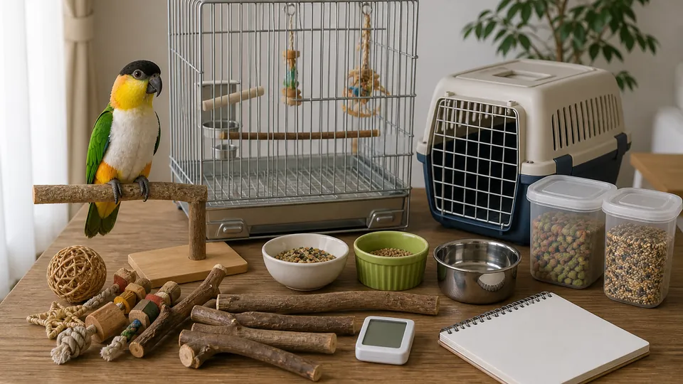 シロハラインコの仲間とケージやキャリーなどの飼育用品