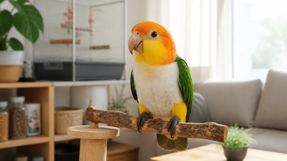 明るい室内で止まり木にとまるシロハラインコ